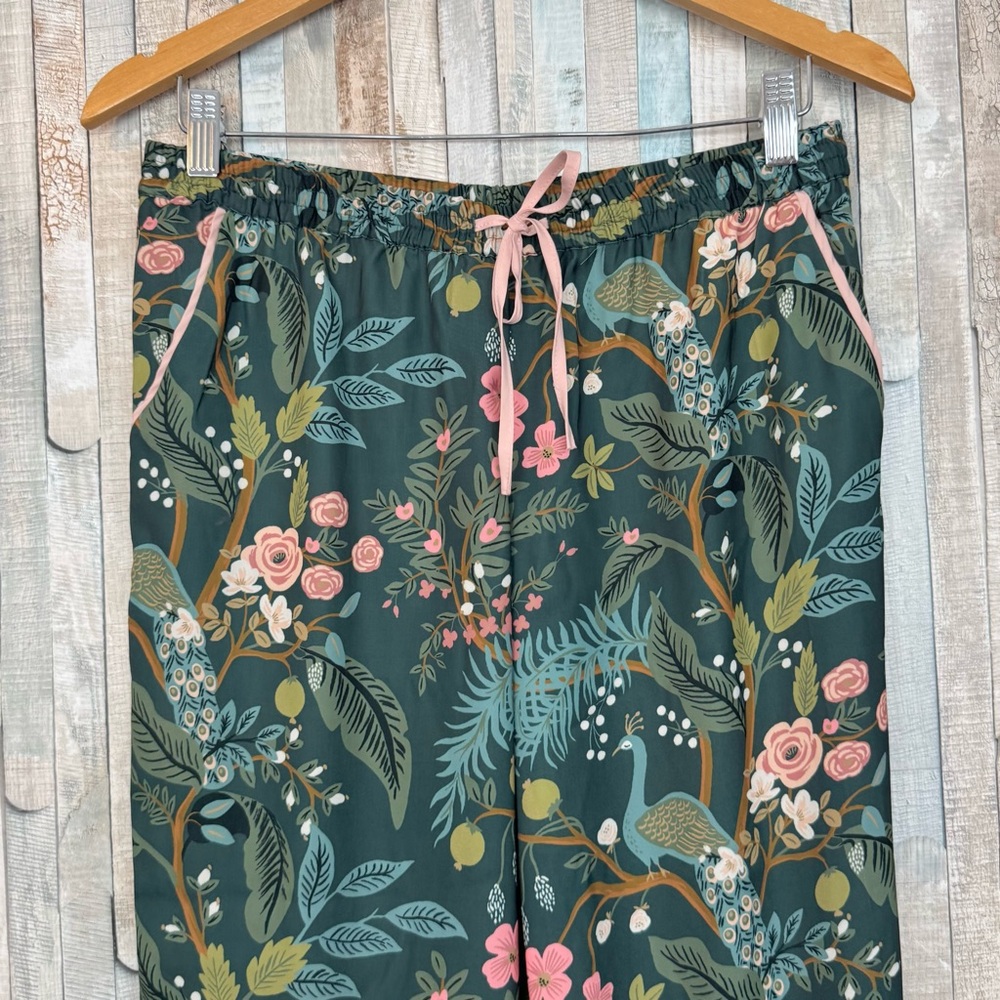 Rifle Paper Co. Forest Green Floral Satin Pajama Set with Pink Trim - Picture 7 of 12